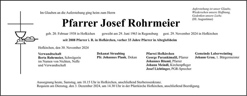 Traueranzeige Pfarrer Josef Rohrmeier