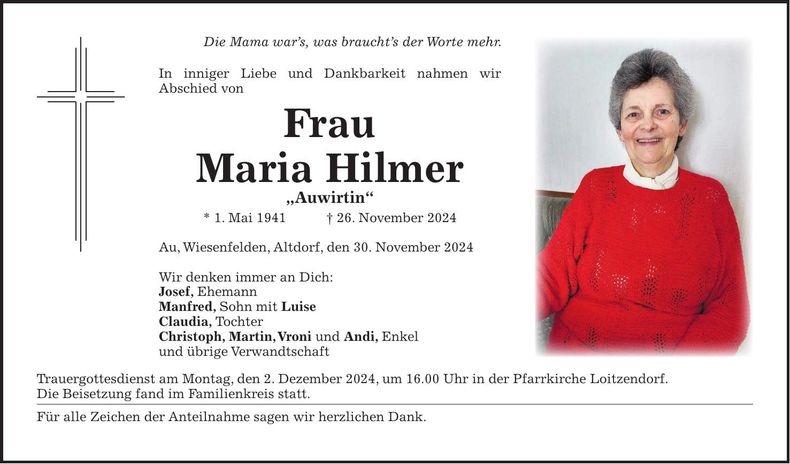 Traueranzeige Maria Hilmer