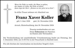 Traueranzeige Franz Xaver Koller