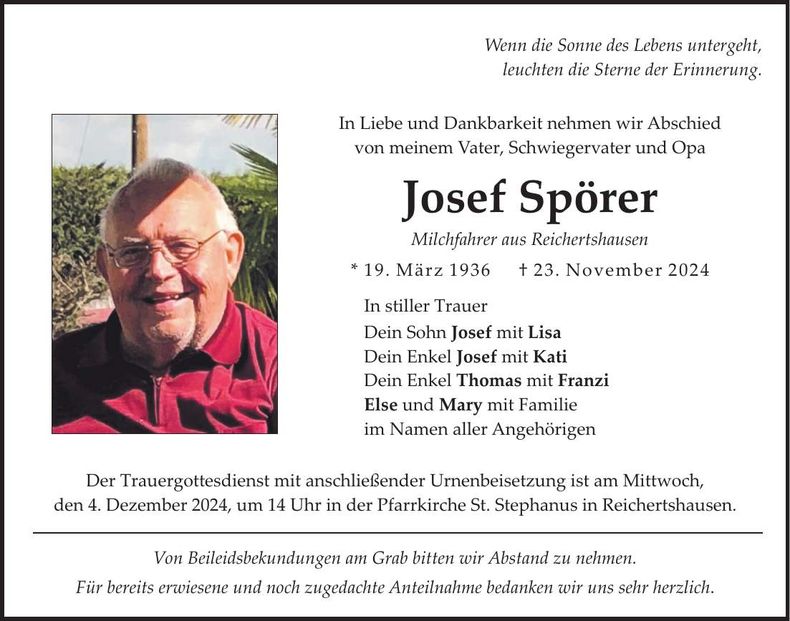 Traueranzeige Josef Spörer