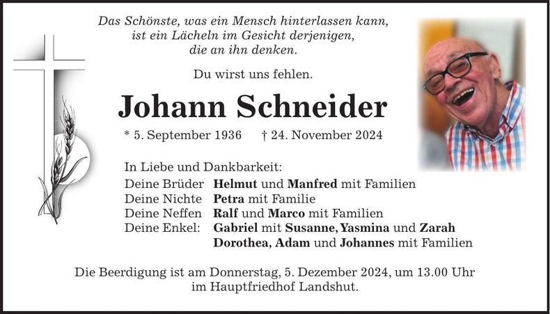Traueranzeige Johann Schneider