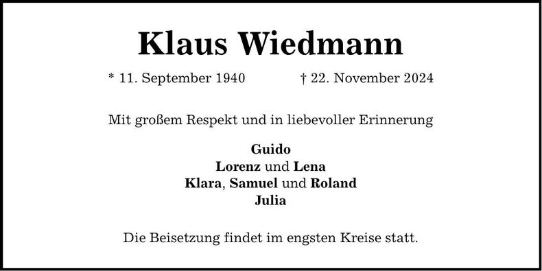 Traueranzeige Klaus Wiedmann