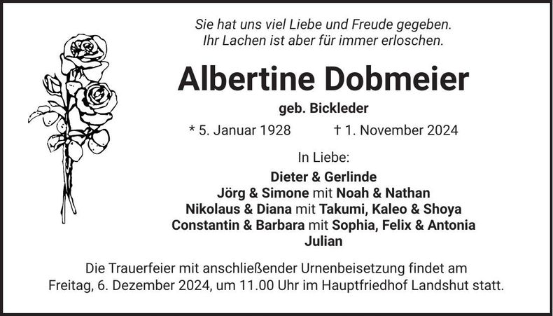 Traueranzeige Albertine Dobmeier