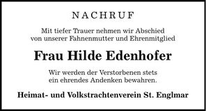 Traueranzeige Hilde Edenhofer