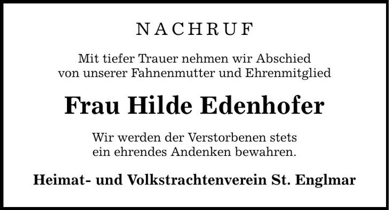 Traueranzeige Hilde Edenhofer
