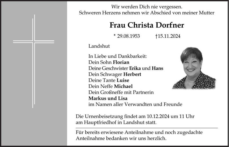 Traueranzeige Christa Dorfner