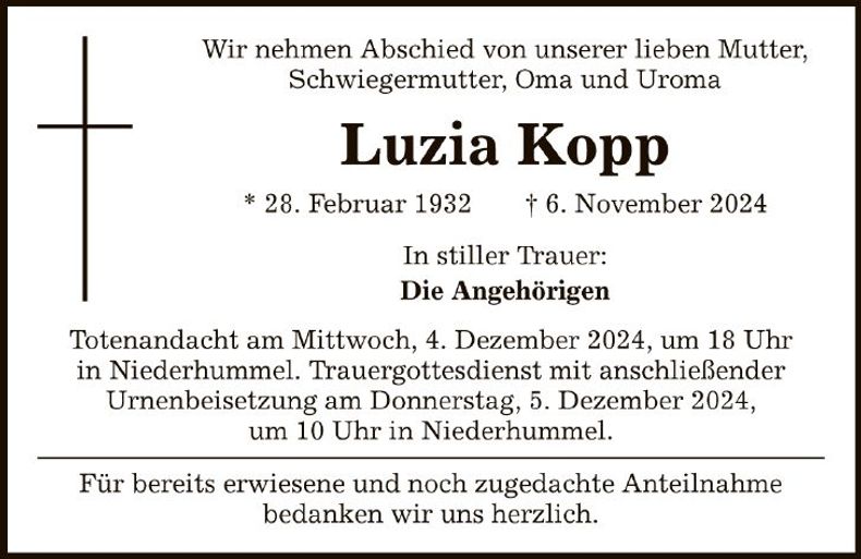 Traueranzeige Luzia Kopp