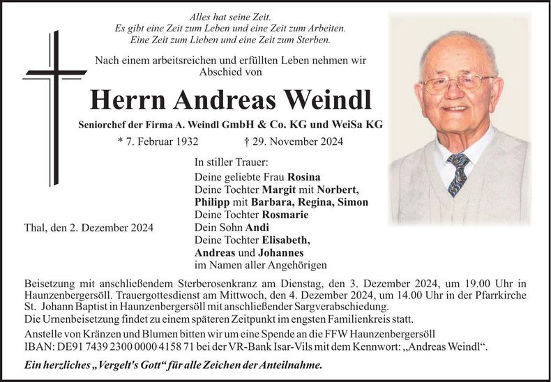 Traueranzeige Andreas Weindl