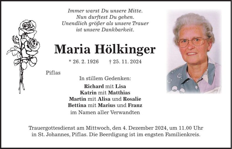 Traueranzeige Maria Hölkinger