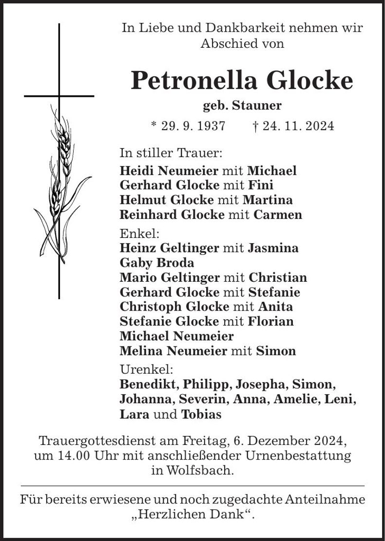 Traueranzeige Petronella Glocke
