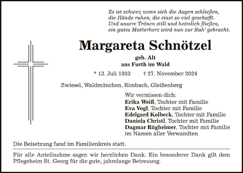 Traueranzeige Margareta Schnötzel