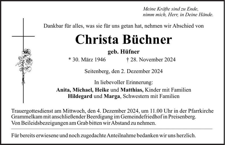 Traueranzeige Christa Büchner