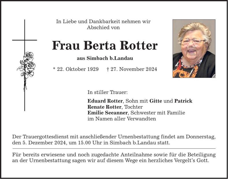 Traueranzeige Berta Rotter
