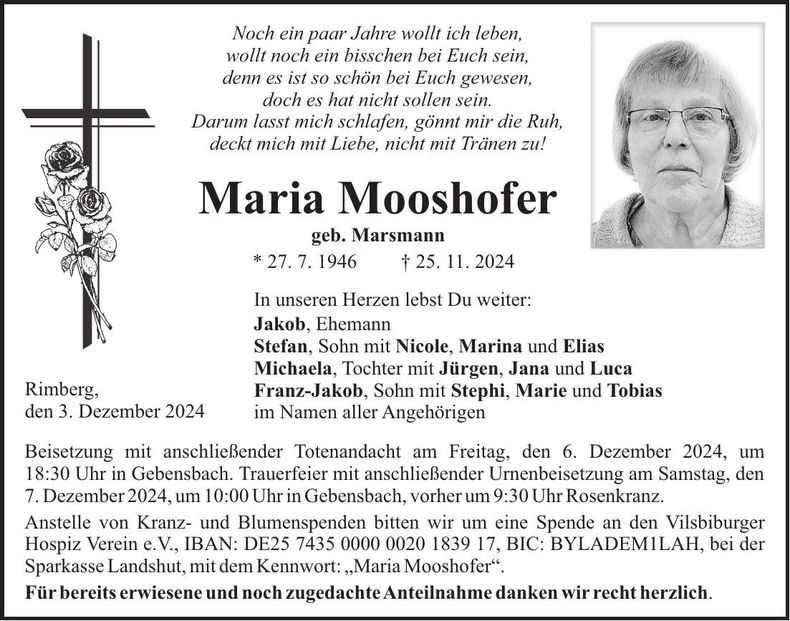 Traueranzeige Maria Mooshofer
