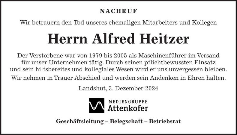 Traueranzeige Alfred Heitzer