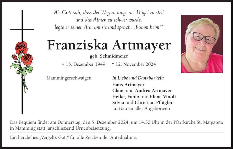 Traueranzeige Franziska Artmayer