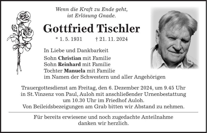 Traueranzeige Gottfried Tischler