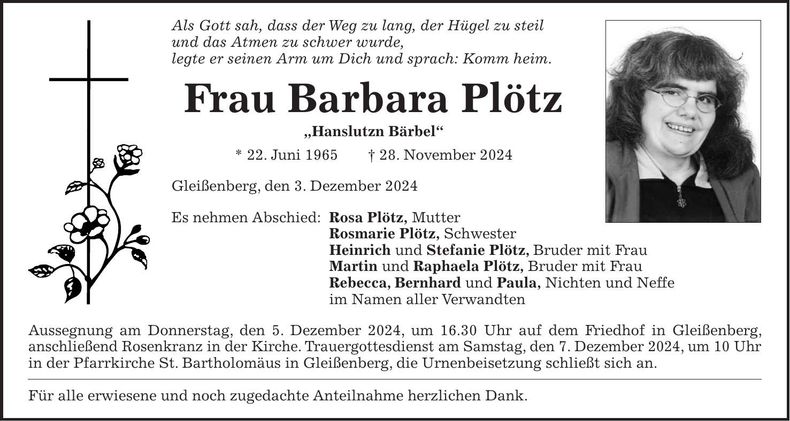 Traueranzeige Barbara Plötz