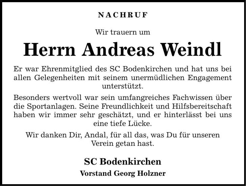 Traueranzeige Andreas Weindl