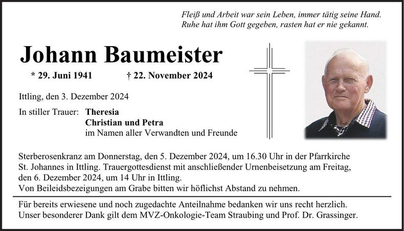 Traueranzeige Johann Baumeister