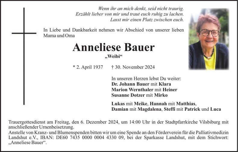 Traueranzeige Anneliese Bauer