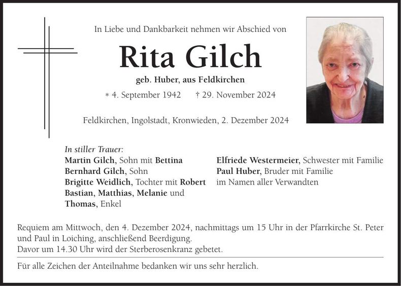 Traueranzeige Rita Gilch