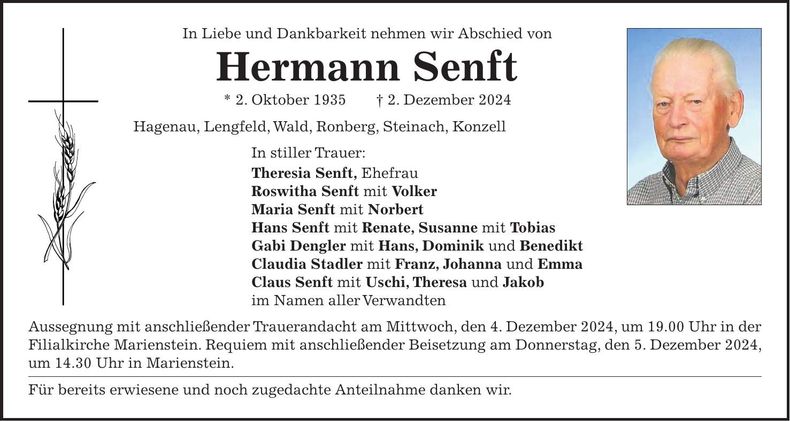 Traueranzeige Hermann Senft