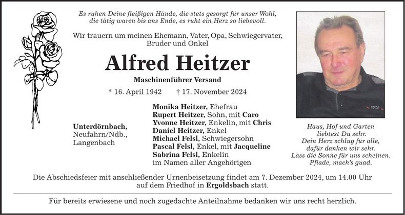 Traueranzeige Alfred Heitzer