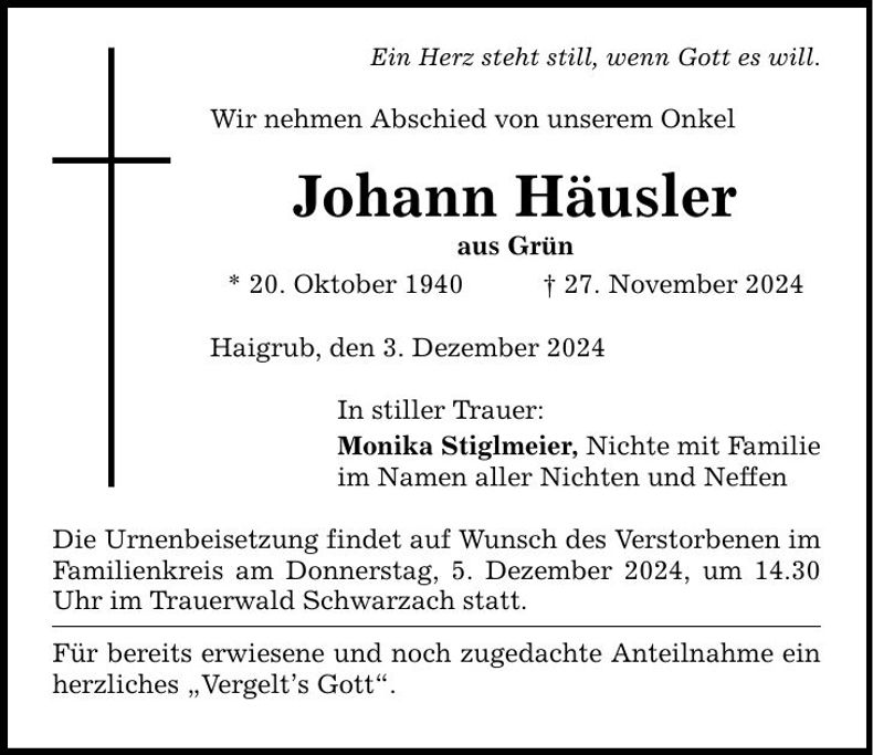 Traueranzeige Johann Häusler
