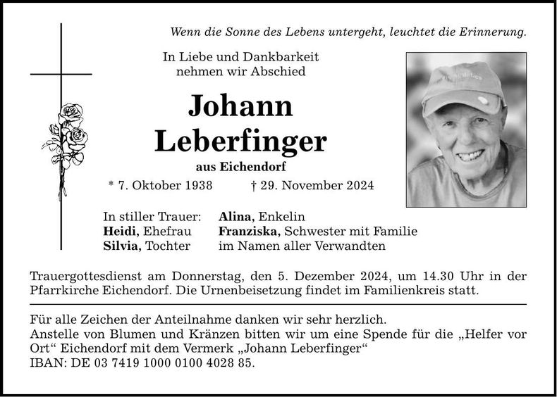 Traueranzeige Johann Leberfinger
