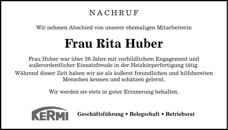Traueranzeige Rita Huber
