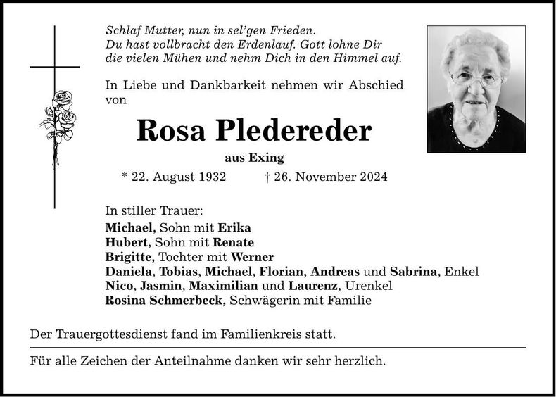 Traueranzeige Rosa Pledereder