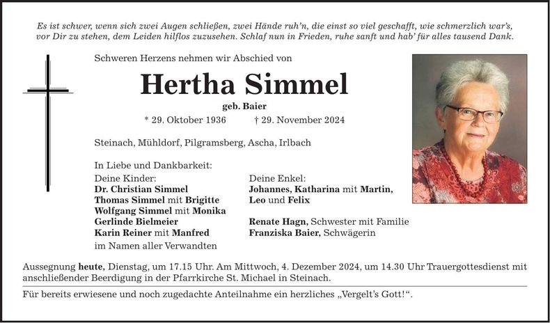 Traueranzeige Hertha Simmel