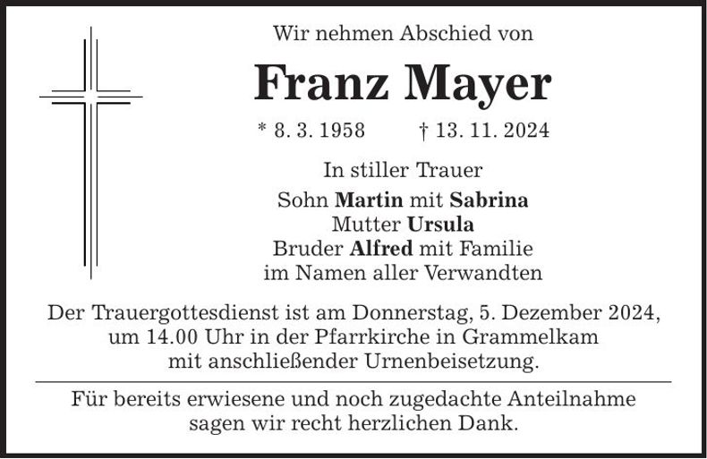 Traueranzeige Franz Mayer