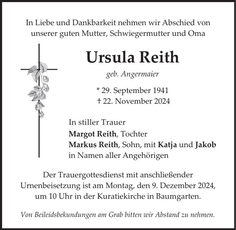 Traueranzeige Ursula Reith