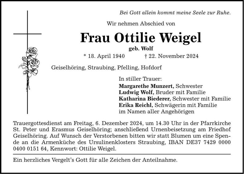 Traueranzeige Ottilie Weigel