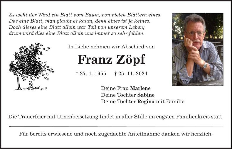 Traueranzeige Franz Zöpf