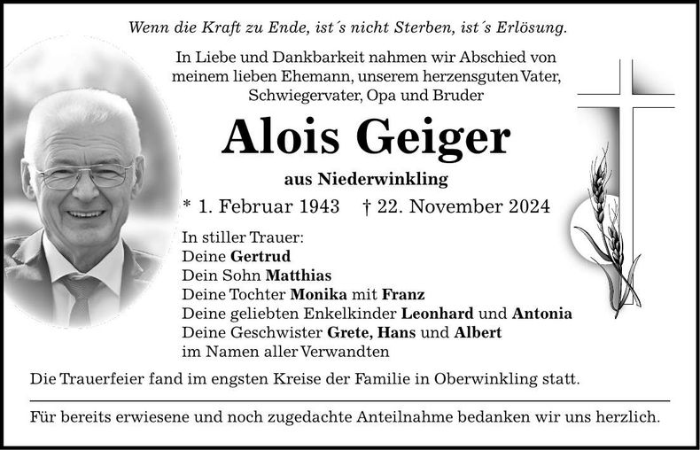 Traueranzeige Alois Geiger