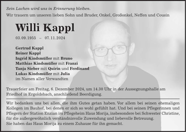 Traueranzeige Willi Kappl