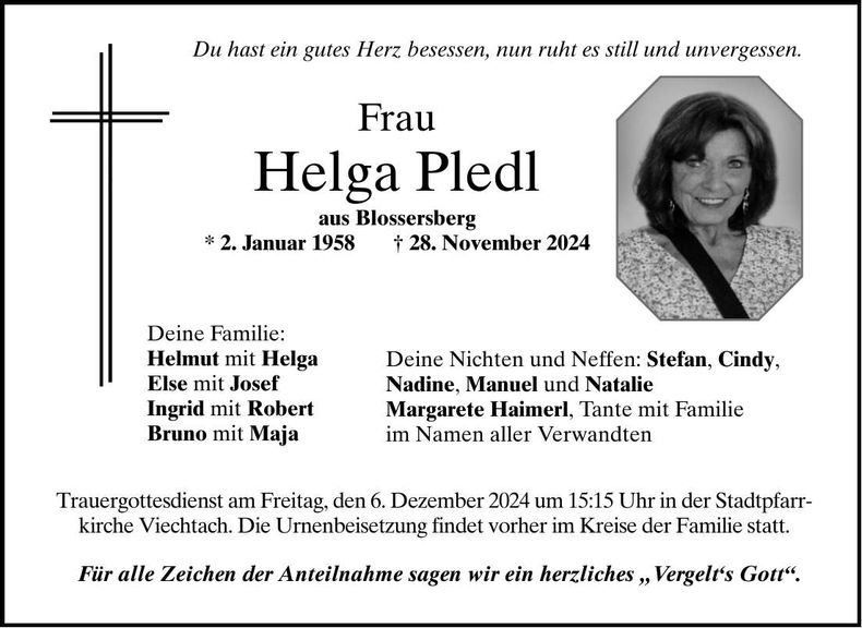 Traueranzeige Helga Pledl