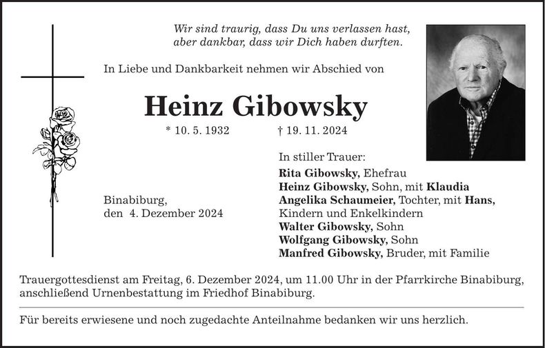 Traueranzeige Heinz Gibowsky