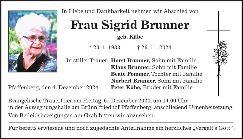 Traueranzeige Sigrid Brunner