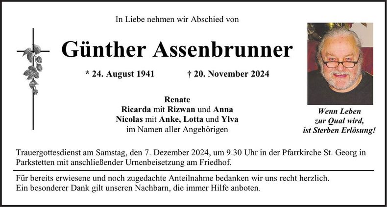 Traueranzeige Günther Assenbrunner
