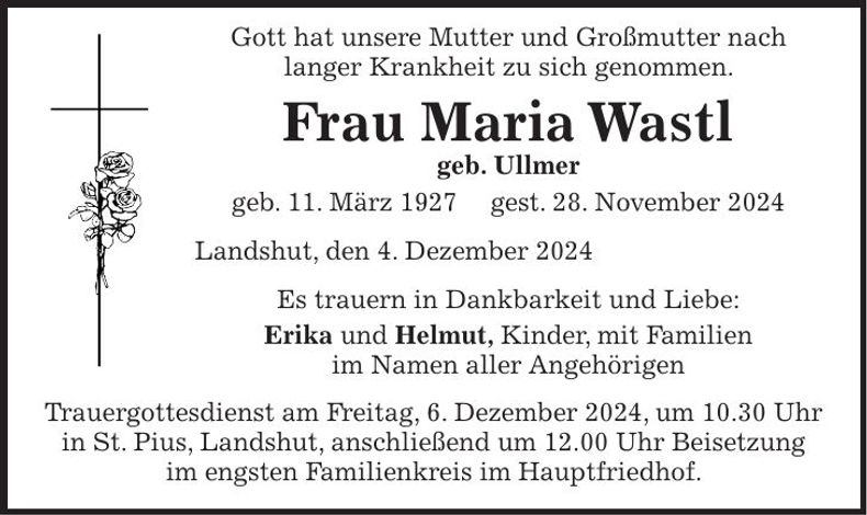 Traueranzeige Maria Wastl