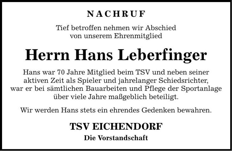 Traueranzeige Hans Leberfinger