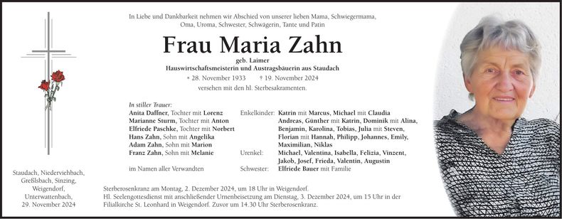 Traueranzeige Maria Zahn