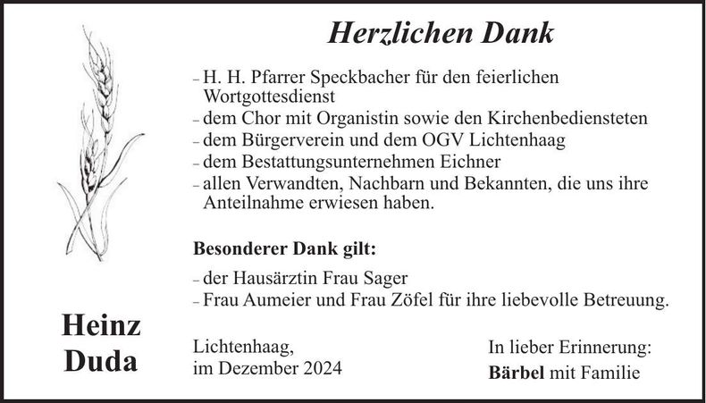 Traueranzeige Heinz Duda