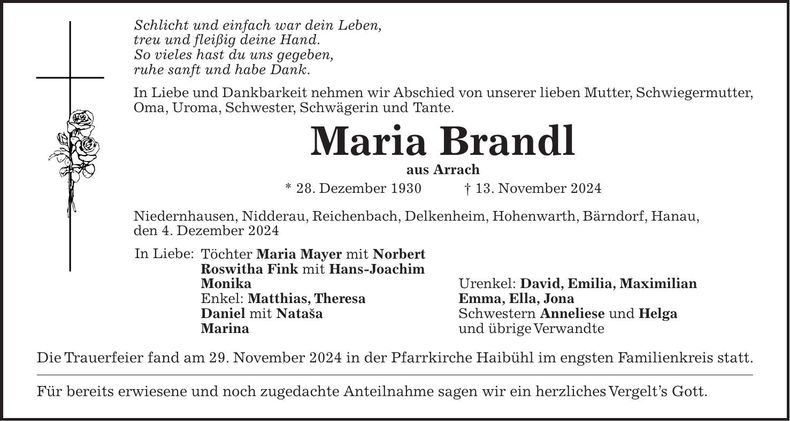 Traueranzeige Maria Brandl