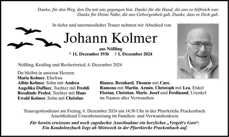 Traueranzeige Johann Kolmer