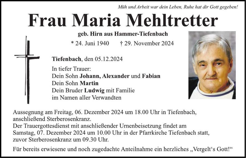 Traueranzeige Maria Mehltretter